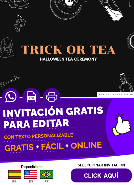 Invitación Para Fiesta Del Te De Halloween Trick Or Tea Fondo Negro Gratis Para Editar, Imprimir, PDF o Whatsapp