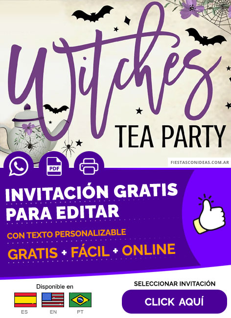 Invitación Para Te De Brujas Halloween Tetera Arania Y Murcielagos Gratis Para Editar, Imprimir, PDF o Whatsapp