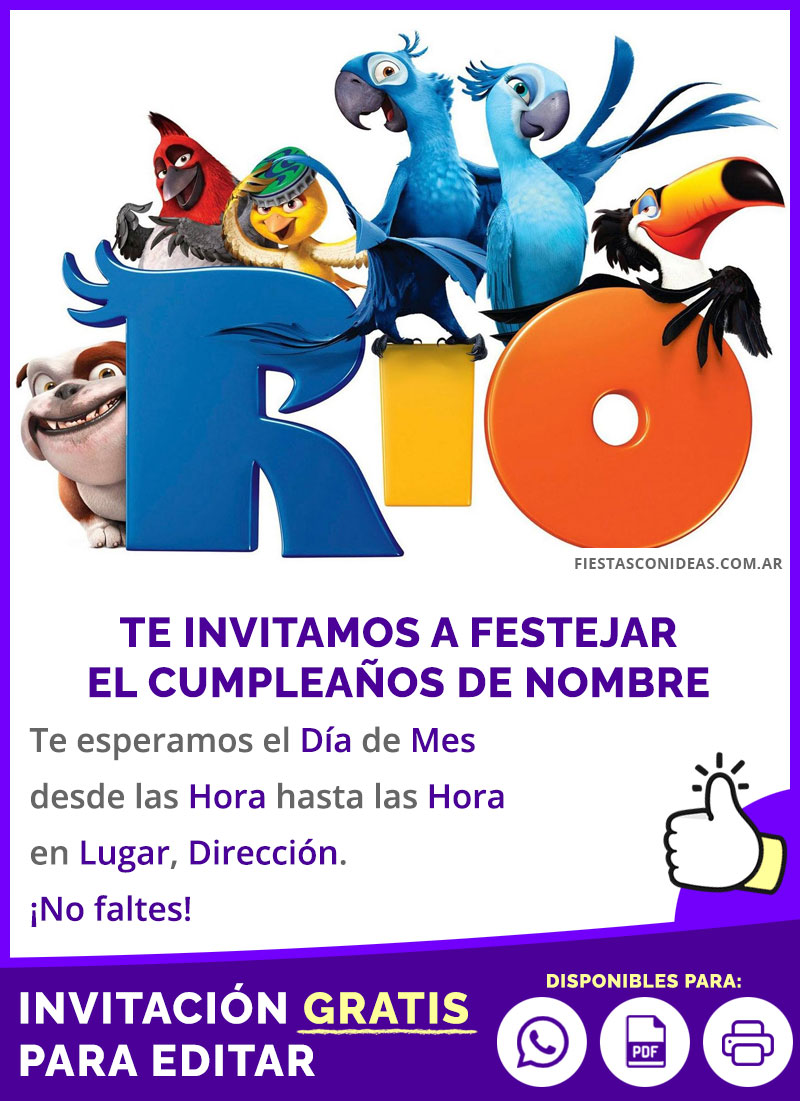 Invitación Pelicula Rio Con Blu Perla Y Amigos Gratis Para Editar, Imprimir, PDF o Whatsapp