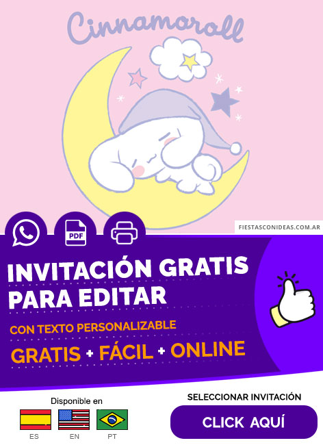 Invitación Pijamada De Cinnamoroll Con Luna Y Fondo Rosa Gratis Para Editar, Imprimir, PDF o Whatsapp