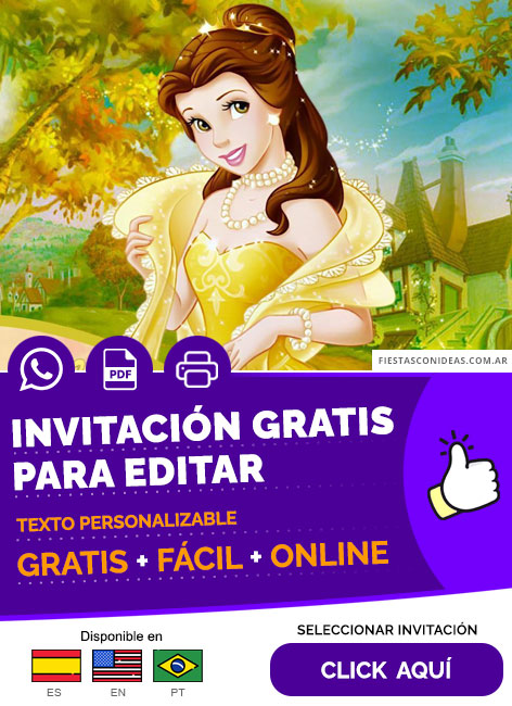 Invitación Para Pijamada De La Princesa Bella Gratis Para Editar, Imprimir, PDF o Whatsapp