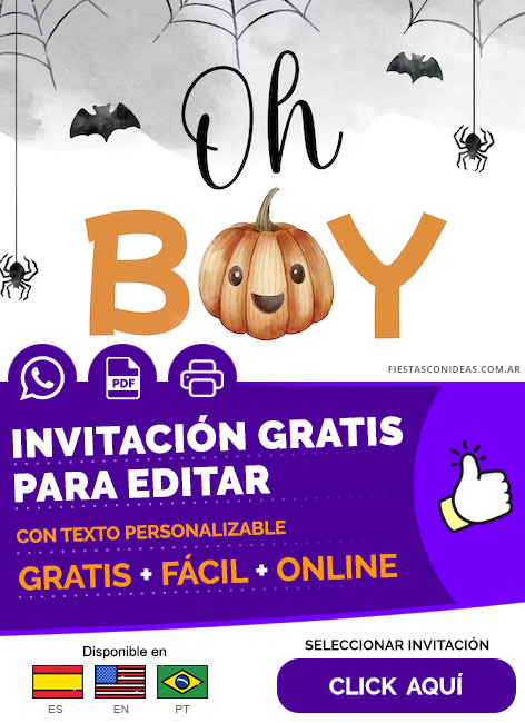 Invitación Temática De Halloween Para Baby Shower Niño Gratis Para Editar, Imprimir, PDF o Whatsapp