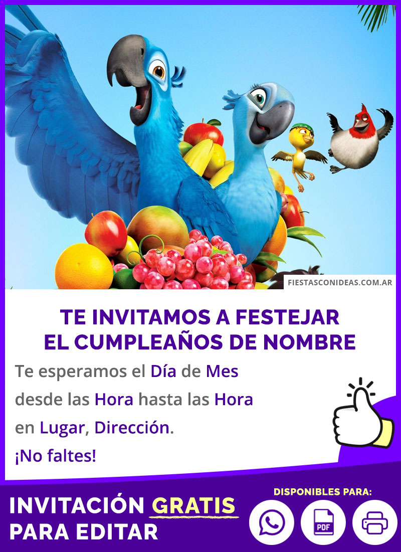 Invitación Temática De Pelicula Rio Con Blu Perla Y Amigos Gratis Para Editar, Imprimir, PDF o Whatsapp