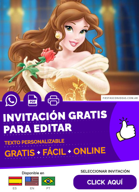 Invitación Temática De La Princesa Bella De Disney Gratis Para Editar, Imprimir, PDF o Whatsapp