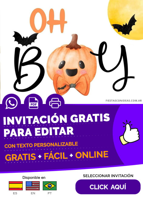Modelo De Invitación Halloween De Niño Para Baby Shower Gratis Para Editar, Imprimir, PDF o Whatsapp