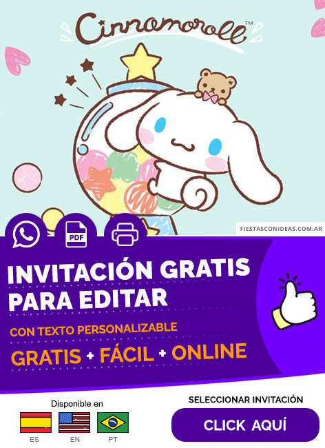 Plantilla De Invitación De Cinnamoroll Cumpleaños Infantil Fondo Pastel Gratis Para Editar, Imprimir, PDF o Whatsapp
