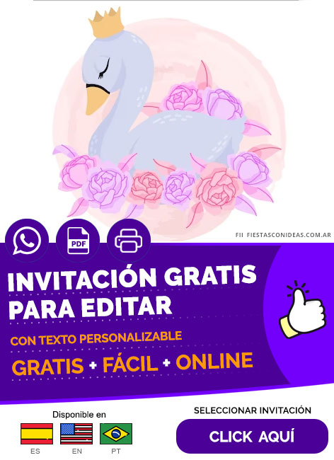 Plantilla De Invitación De Cisne Princesa Con Flores Rosas Gratis Para Editar, Imprimir, PDF o Whatsapp