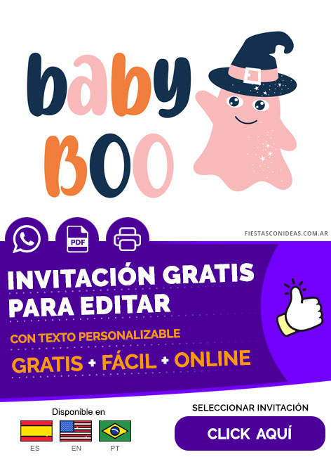 Tarjeta De Baby Shower De Halloween Con Fantasma Rosa Gratis Para Editar, Imprimir, PDF o Whatsapp