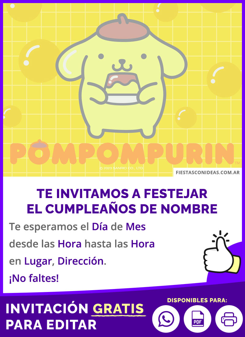 Tarjeta De Cumpleaños De Pompompurin Comiendo Pudding Gratis Para Editar, Imprimir, PDF o Whatsapp