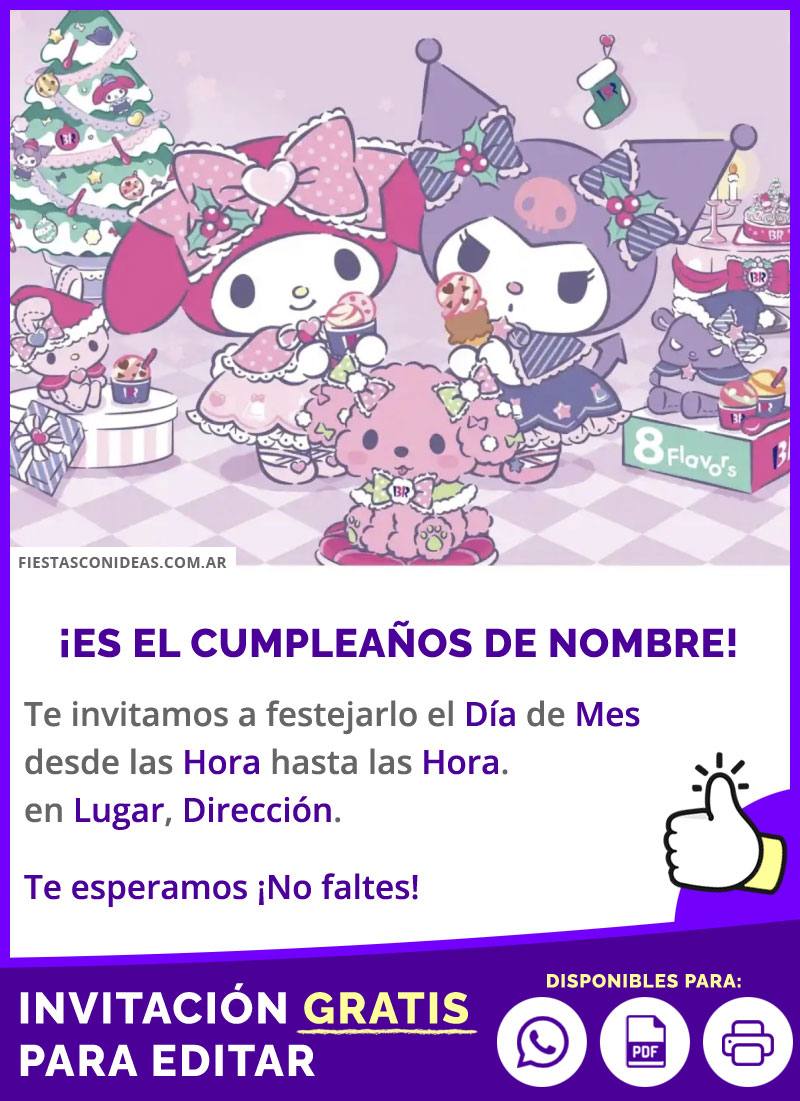 Tarjeta De Kuromi Y My Melody Fiesta De Navidad Gratis Para Editar, Imprimir, PDF o Whatsapp