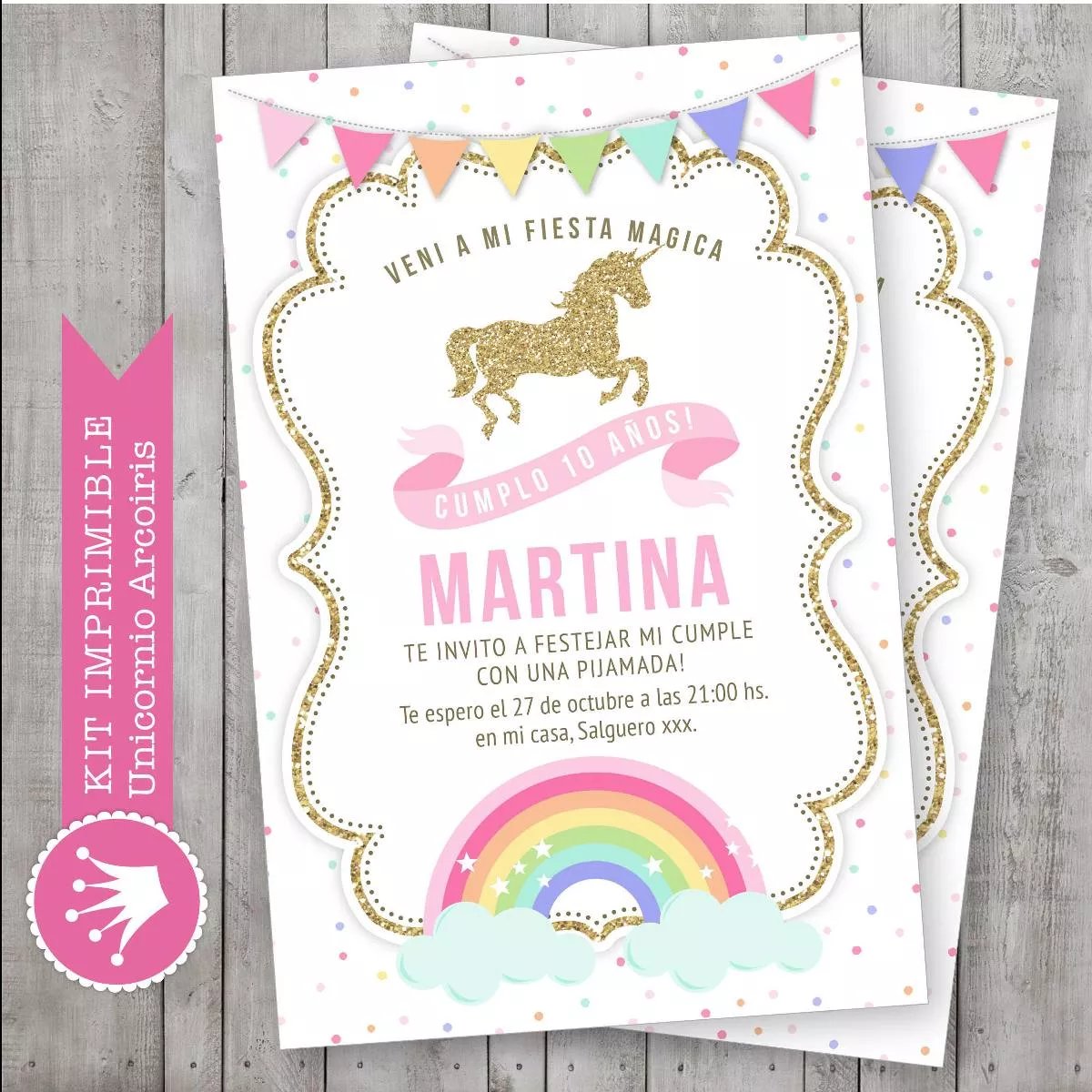 Tarjeta de cumpleaños de unicornio arcoiris con glitter