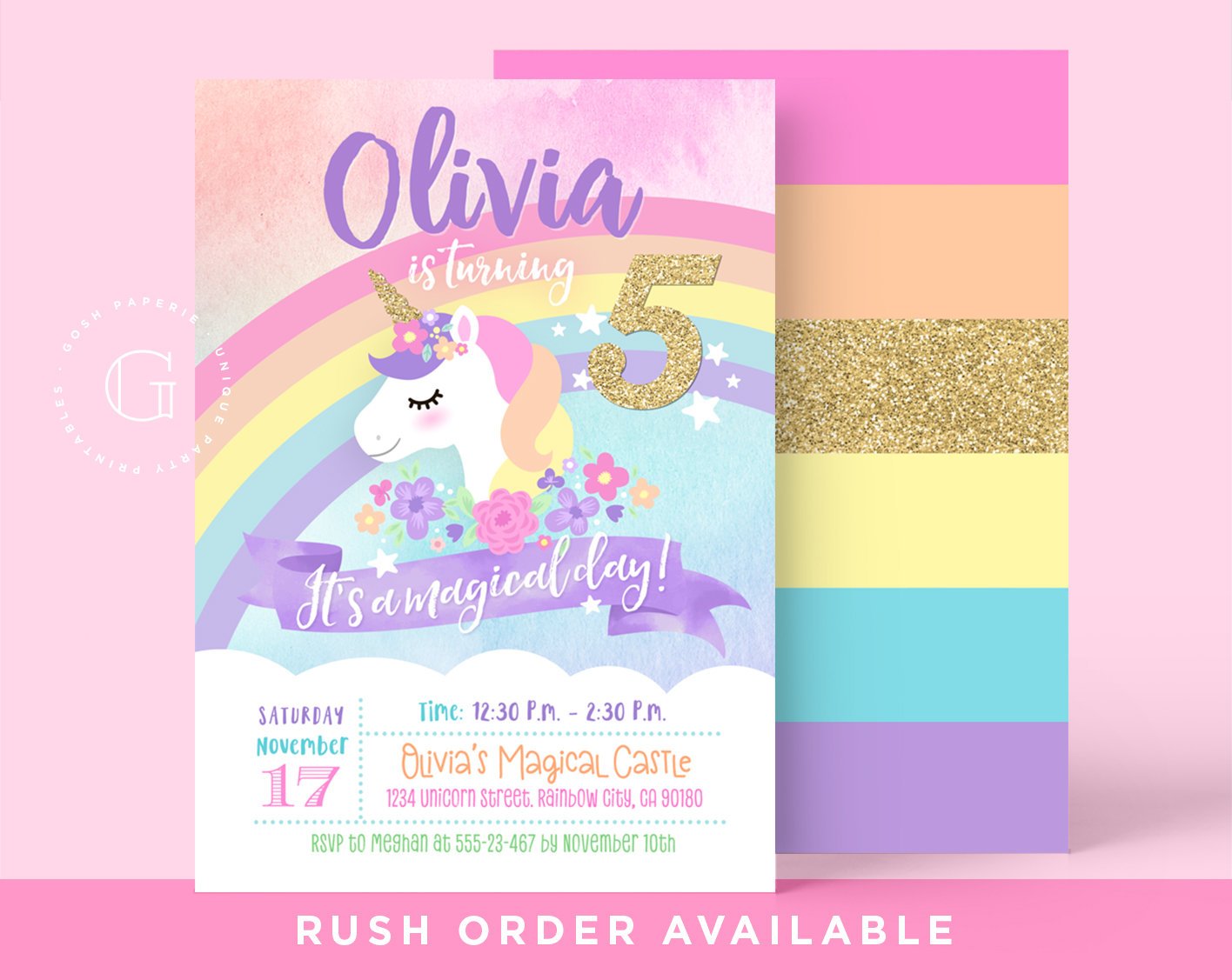 Tarjetas de cumpleaños de unicornio colores arcoiris y brillante. Glitter Unicorn